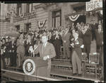 John F. Kennedy receives applause from Peter W. Rodino and others, City Hall, Newark, N.J.