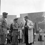 Governor Hughes hands out awards to military personnel during 1966 tour of New Jersey by Hubert Humphrey