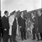 Governor Richard Hughes, Vice President Hubert Humphrey  and others are shown a cow during 1966 tour of New Jersey
