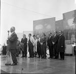 Governor Richard Hughes, Vice President Hubert Humphrey  and others listen to a speech during 1966 tour of New Jersey