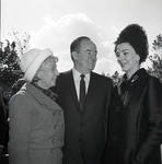 Vice-President Hubert Humphrey, Muriel Humphrey  speak with attendees during visit to Liberty Island for signing of the 1965 Immigration Bill