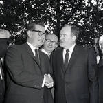 Governor Richard Hughes shakes hands with Vice-President Hubert Humphrey  during a visit to Liberty Island for signing of the 1965 Immigration Bill