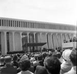 Lyndon B. Johnson speaks at Princeton University in front of the Woodrow Wilson School by Ace (Armando) Alagna, 1925-2000