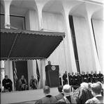 Lyndon B. Johnson speaks at Princeton University in front of Woodrow Wilson School by Ace (Armando) Alagna, 1925-2000