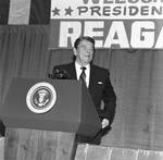 President Ronald Reagan giving a speech after his acceptance of the Columbus Award by Ace (Armando) Alagna, 1925-2000