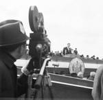New Jersey Governor Richard giving an inaugural speech, a view from behind a journalist filming the event by Ace (Armando) Alagna, 1925-2000