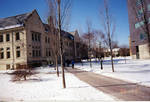 Campus views of winter at SHU showing Bayley Hall